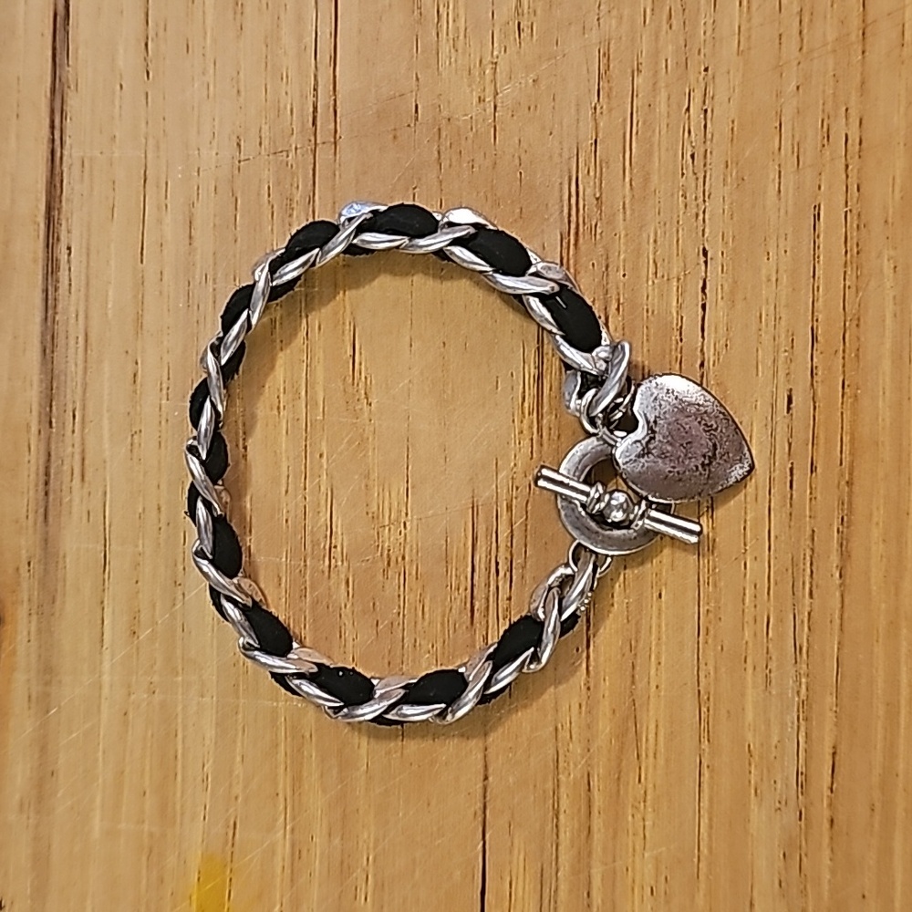 Hand Crafted Silver Tone and Black Ribbon Heart Charm Toggle Heart Bracelet.